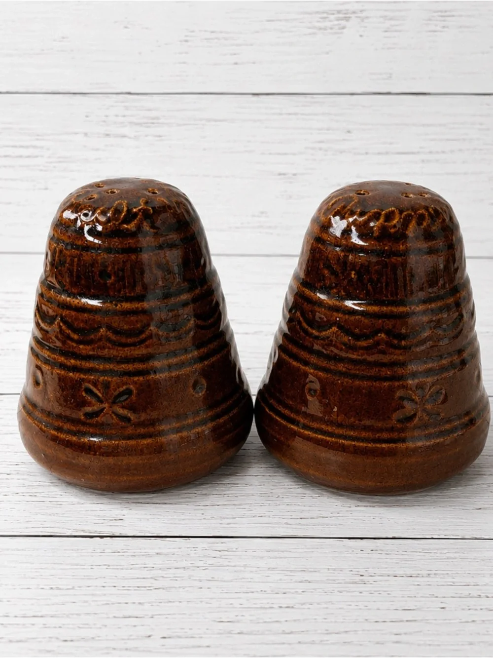Brown Ceramic Salt and Pepper Shaker Set Marcrest Stoneware